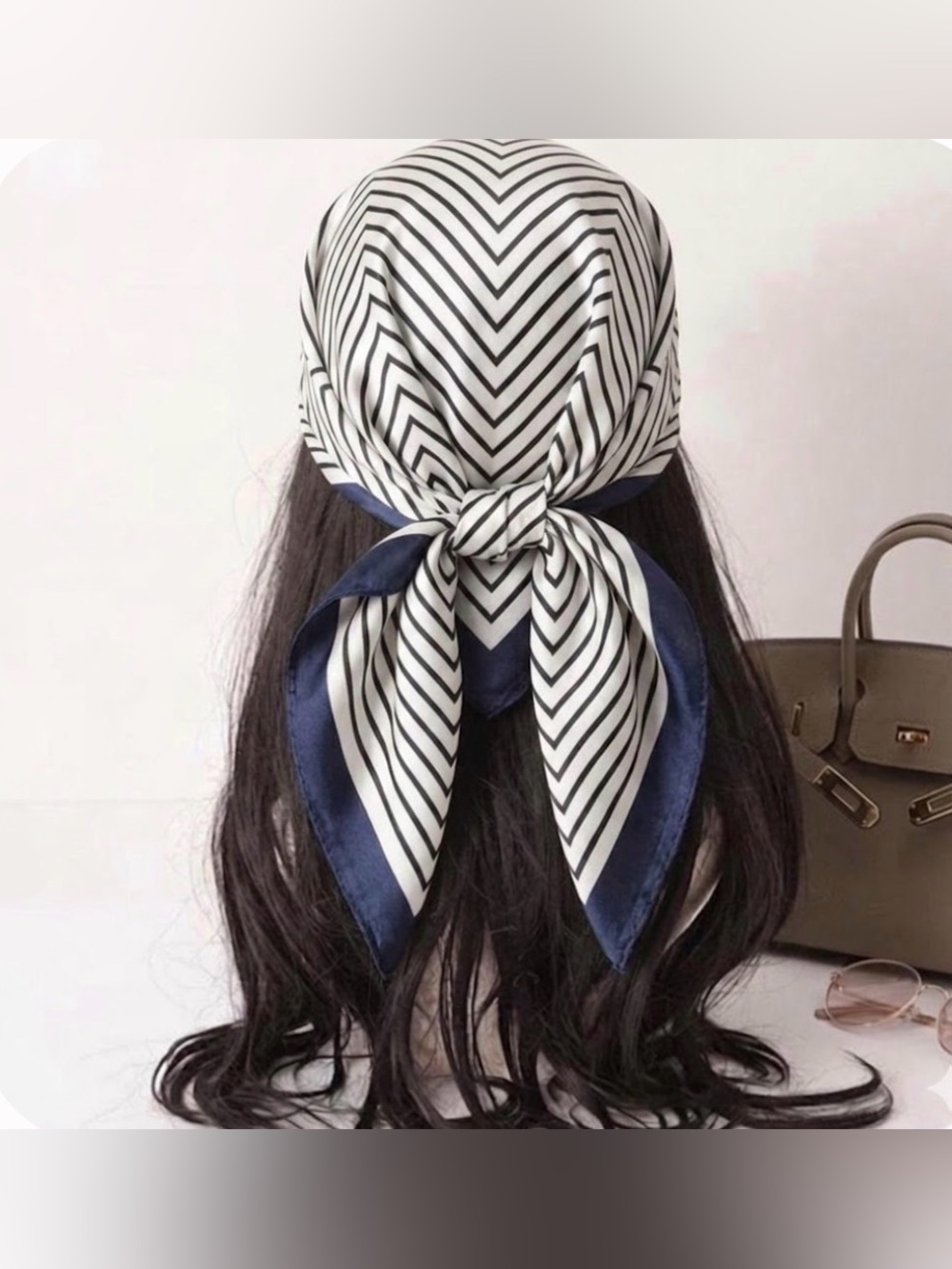Striped Navy Trim Silk-Look Neck Scarf